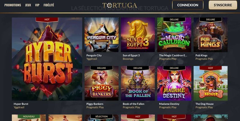 Tortuga game lobby grid showing multiple slot thumbnails like Hyper Burst, Penguin City, Sun of Egypt 3, and Madame Destiny.